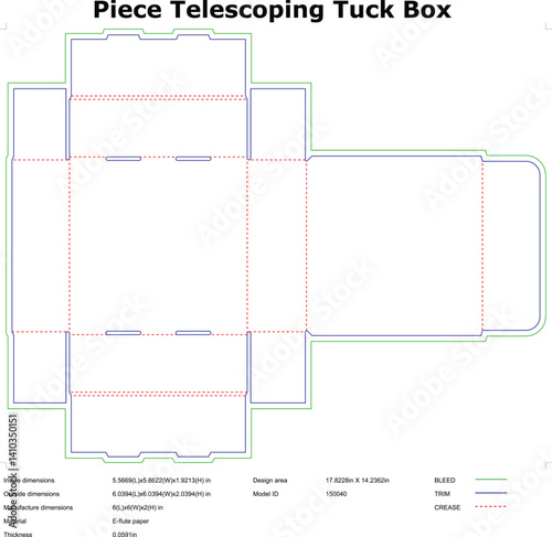 Diagram Of A Piece Telescoping Tuck Box Design Showing Bleed Trim And Crease Lines With Dimension Specifications For Manufacturing And Prototyping