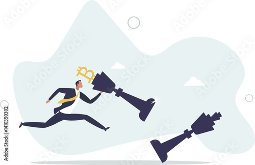 Winning Bitcoin trading strategy, make profit from crypto currency or decentralized finance defeat traditional banking concept.flat character life .