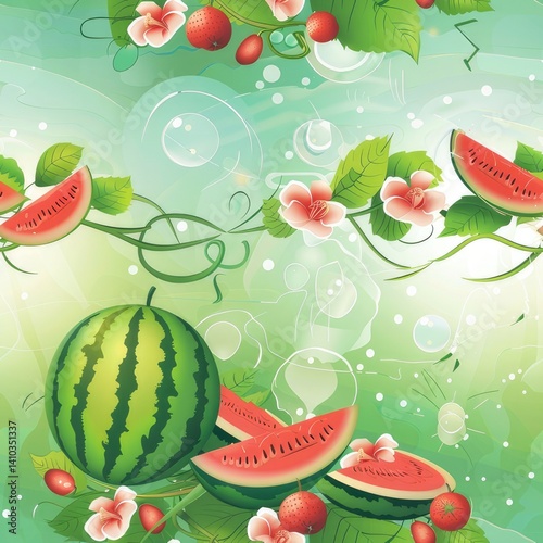 A watermelon is beautifully surrounded by watermelon slices and vibrant flowers