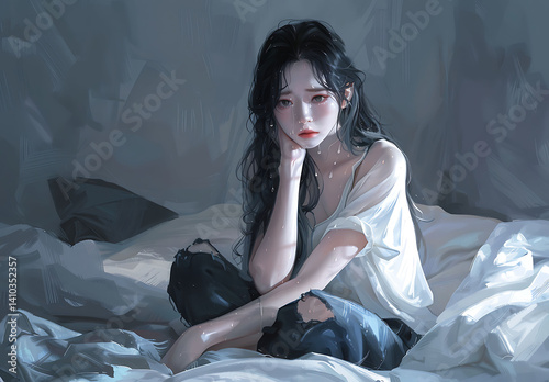 A beautiful Asian woman is sitting on the bed, with her arms crossed and tears in her eyes. She has long hair draped over one shoulder, 