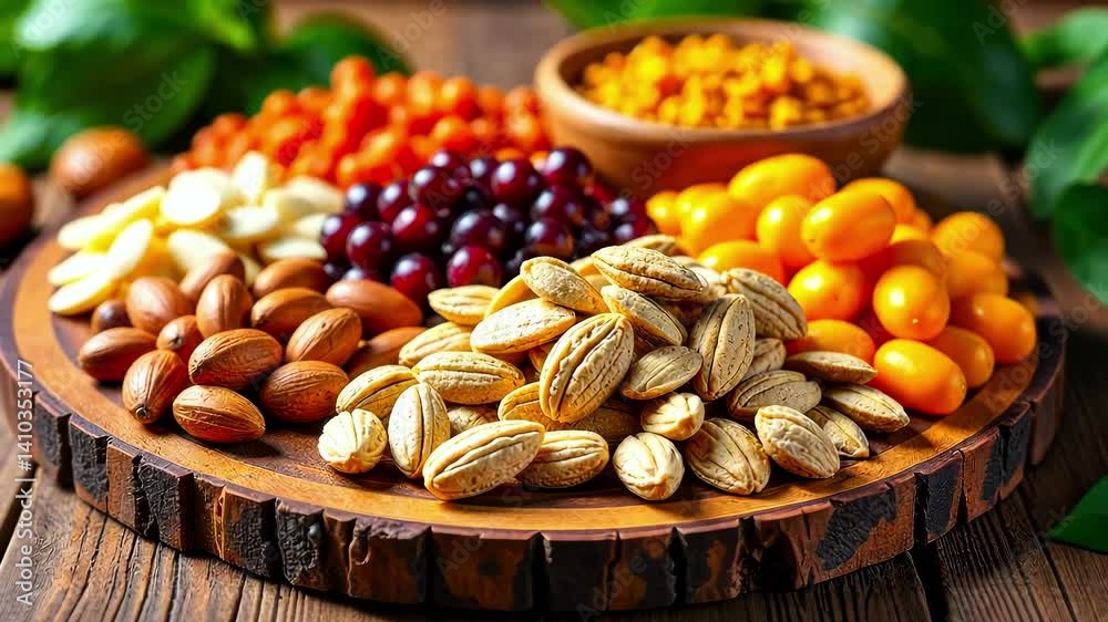 Mixed nuts and dried fruits on a wooden board, close-up. Plantbased nutrition, healthy food
