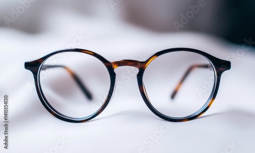 Stylish round eyeglasses on a soft white background