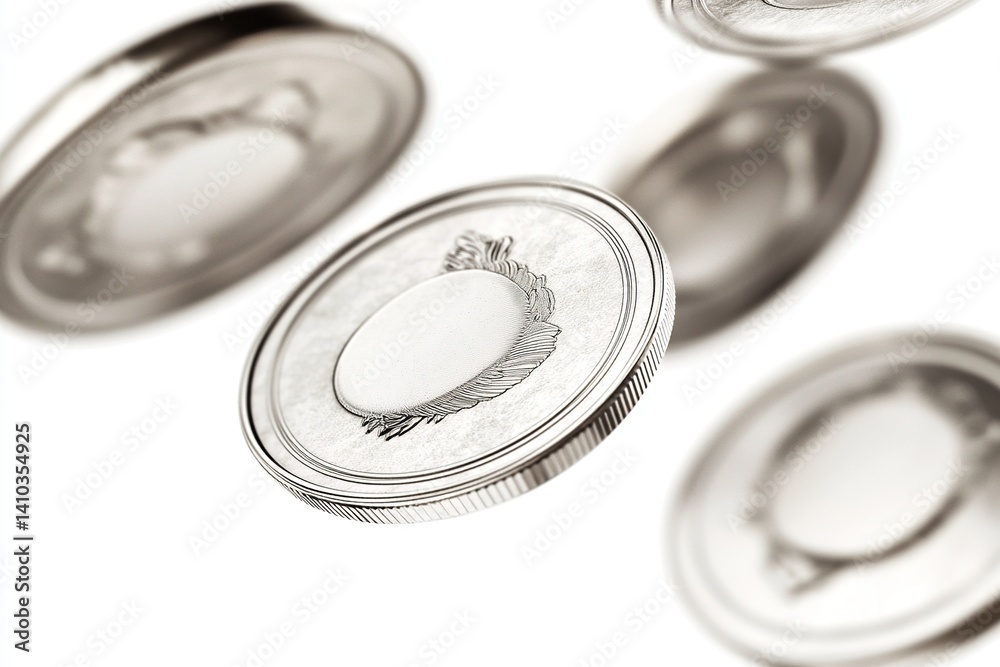 Floating Coins Several silver coins with textured rims levitate against a clean white background Floating Coins Several silver coins with textured rims levitate against a clean white background