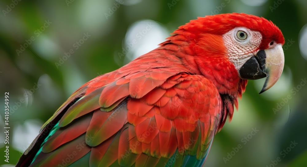 Fototapeta premium A stunning red macaw with vibrant feathers against a blurred green background.