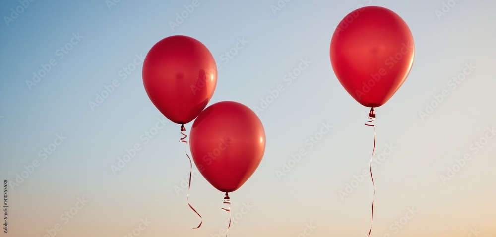 A collection of three red balloons, each varying in size, captured in mid-air with a slight bounce effect. The balloons are vibrant, with a matte finish that absorbs light in an interesting way