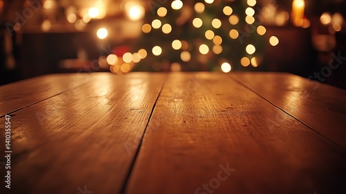 Wooden table with clean surface, warm ambiance, abstract blurred background, soft overhead light. Minimalist elegance in a cozy setting.