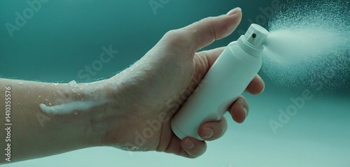 Obraz na płótnie A close-up of a hand gripping a white spray bottle, with a burst of white spray coming out in a fine mist, creating a dynamic, fluid motion. w salonie