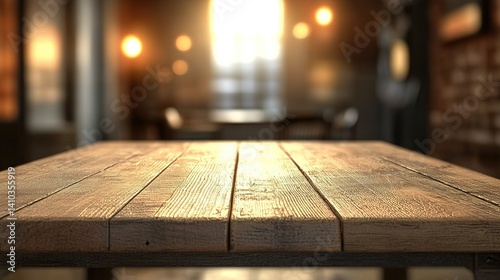 Wooden table with clean surface, warm ambiance, abstract blurred background, soft overhead light. Minimalist elegance in a cozy setting.
