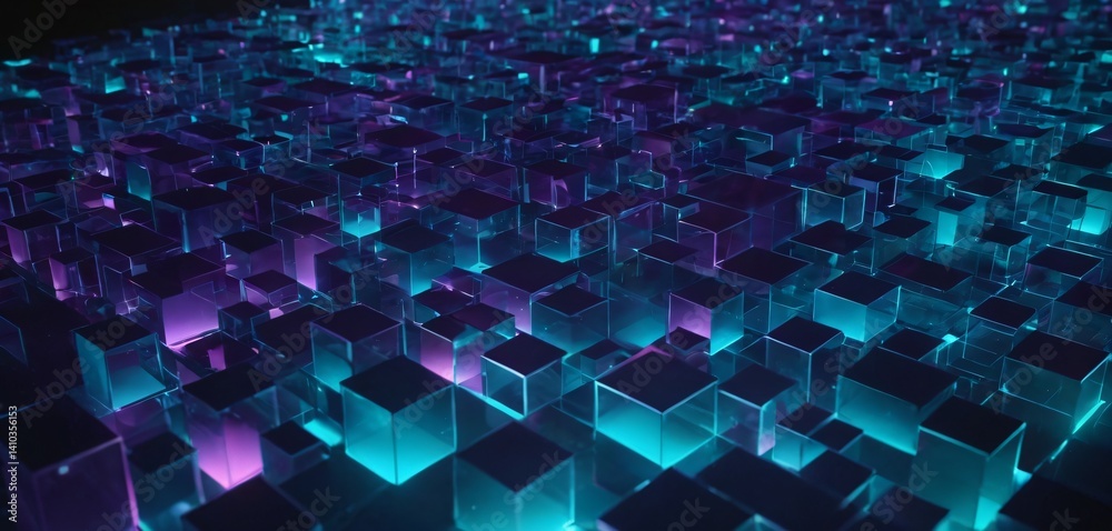 A modern digital abstract 3D background featuring intricate, interconnected geometric shapes, glowing in various shades of blue, purple, and teal.