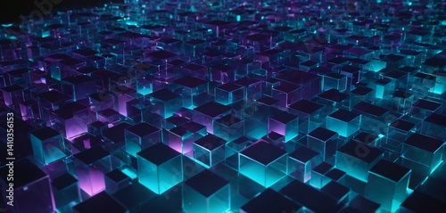 Obraz na płótnie A modern digital abstract 3D background featuring intricate, interconnected geometric shapes, glowing in various shades of blue, purple, and teal. w salonie