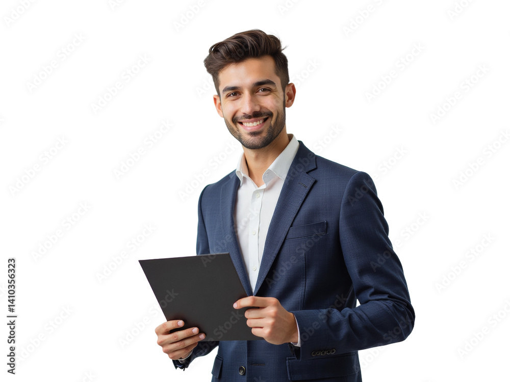 Business portrait isolated on white transparent background: A young man with dark hair and a beard smiles confidently while holding a tablet and wearing a navy blue suit with a white shirt. Business portrait isolated on white transparent background: A young man with dark hair and a beard smiles confidently while holding a tablet and wearing a navy blue suit with a white shirt.