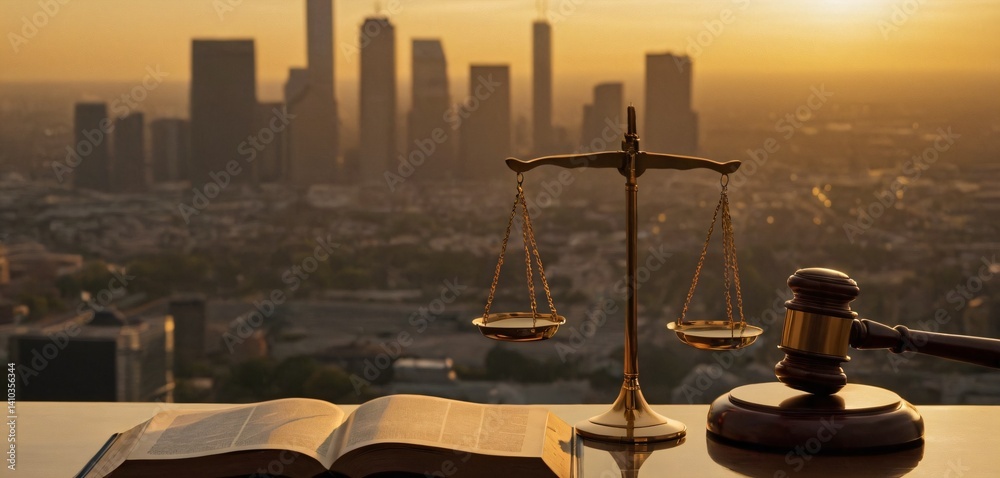 A polished wooden judicial gavel resting on a legal book, with the golden scales of justice standing tall beside them. The background showcases a blurred modern urban skyline