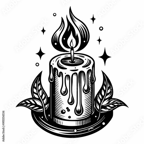 Vintage Candle with Dripping Wax and Leaves Illustration for Spiritual and Decorative Concepts