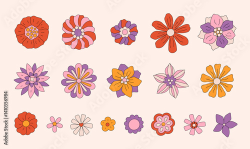 Retro set of groovy different daisy flowers. Colorful chamomile flower in vintage style. Floral collection design elements. 70s 60s nostalgic