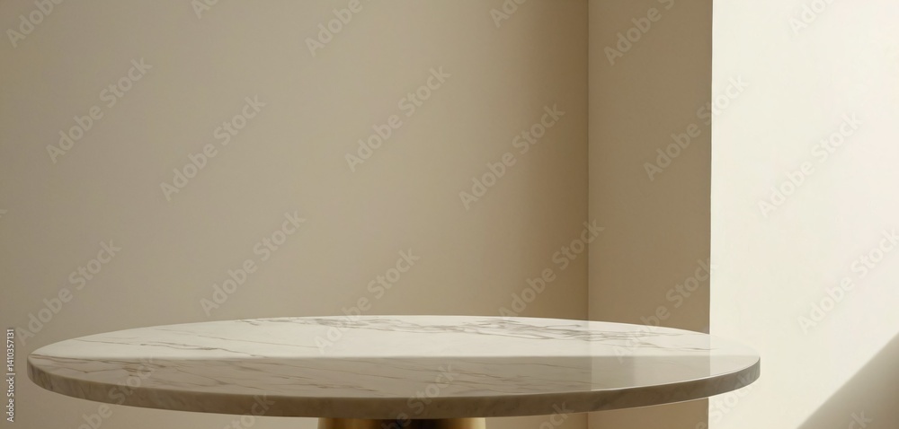 A sleek, round marble tabletop placed in a minimalist setting with an abstract shadow dropping onto a pristine white wall behind it