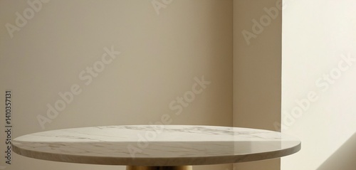 Obraz na płótnie A sleek, round marble tabletop placed in a minimalist setting with an abstract shadow dropping onto a pristine white wall behind it w salonie