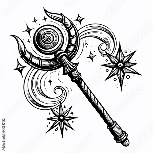 Vintage Magic Wand with Celestial Stars and Swirling Patterns in Black and White
