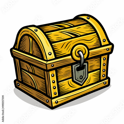 Vintage Wooden Treasure Chest Illustration with Metal Lock