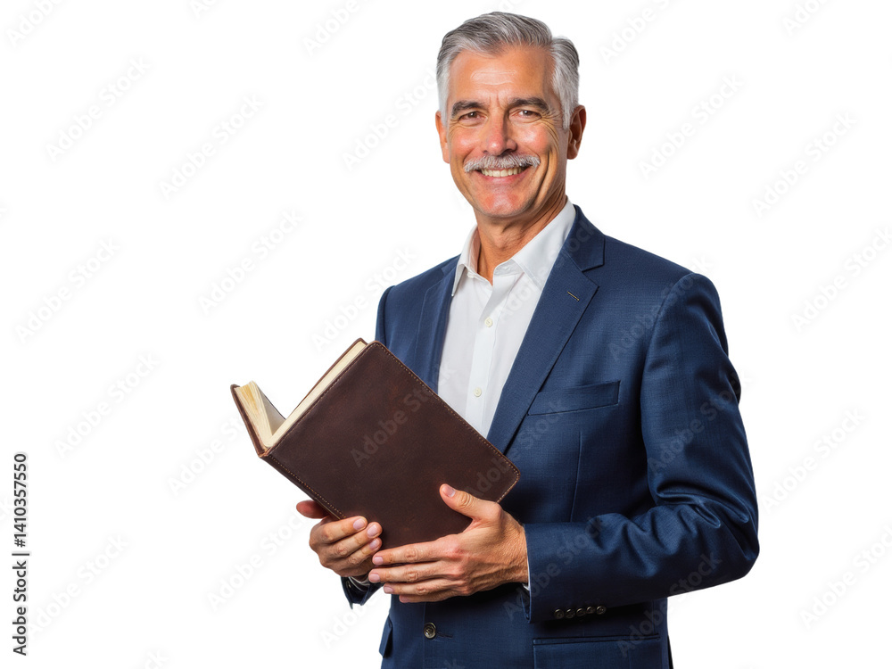 Business portrait isolated on white transparent background: A mature man with gray hair and a mustache confidently smiles while holding an open leather-bound book against a plain white background. Business portrait isolated on white transparent background: A mature man with gray hair and a mustache confidently smiles while holding an open leather-bound book against a plain white background.