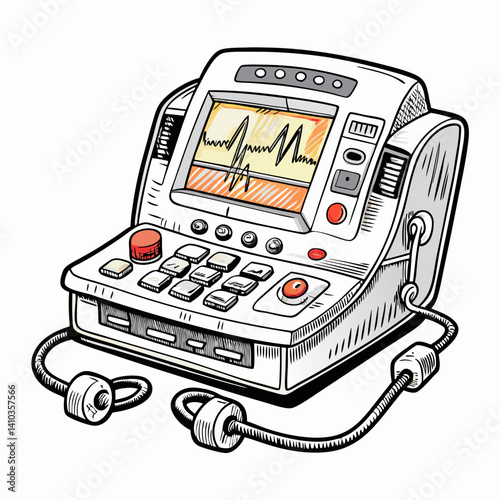 Vintage Medical Defibrillator Illustration with Heartbeat Monitor Display