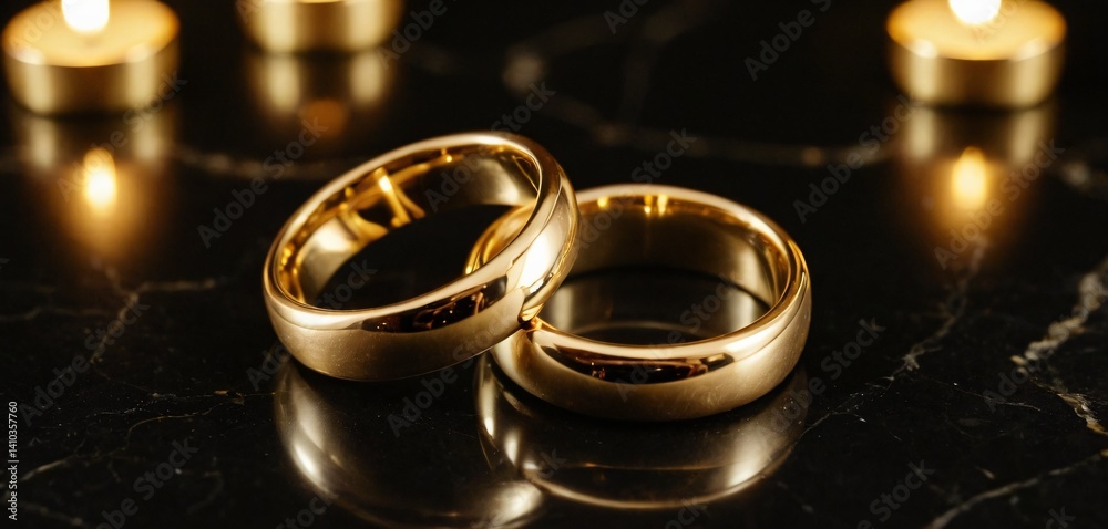 A stunning, full ultra-HD image of two golden wedding rings placed on a luxurious black marble surface with white and gold veining.