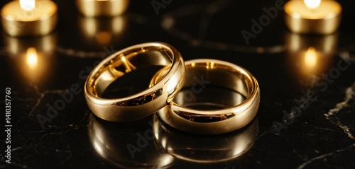 Obraz na płótnie A stunning, full ultra-HD image of two golden wedding rings placed on a luxurious black marble surface with white and gold veining. w salonie