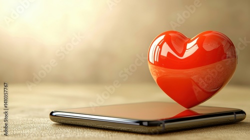 A vibrant red heart icon hovers elegantly above a sleek modern mobile phone showcasing digital love connection and online dating concepts for app design.