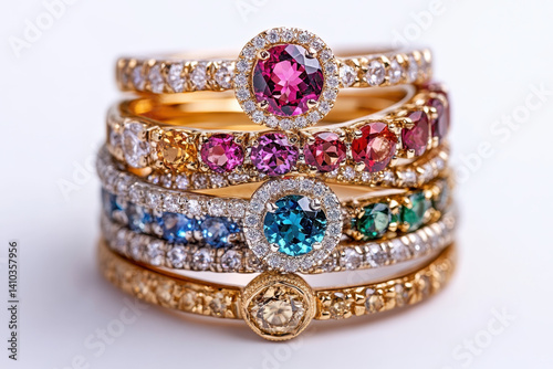 Stack of rings with colored stones: vibrant amethyst, turquoise, and citrine, arranged in ascending order on a reflective surface.