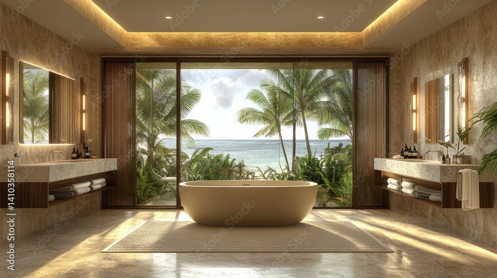 Fototapeta premium Luxurious bathroom with ocean view, featuring a freestanding tub and tropical decor