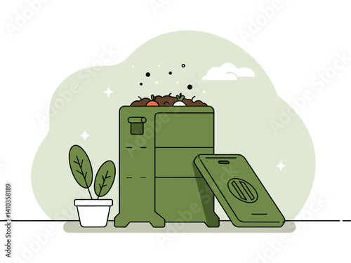 Compost Bin and Modern Tech: Capturing the essence of sustainability with this illustration. The image showcases a modern compost bin accompanied by a digital device.