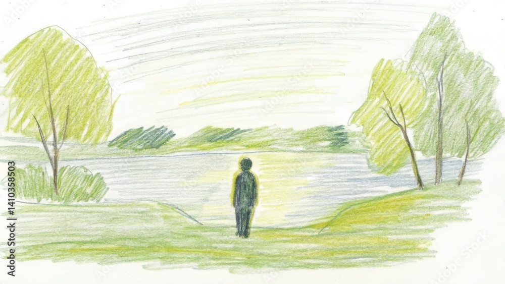 Person standing by a tranquil lakeshore in nature