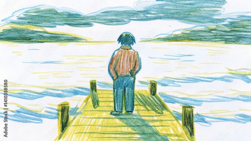 Person gazing thoughtfully at water from a wooden pier