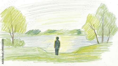 Obraz na płótnie Person standing by a tranquil lakeshore in nature w salonie