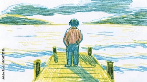 Obraz na płótnie Person gazing thoughtfully at water from a wooden pier w salonie