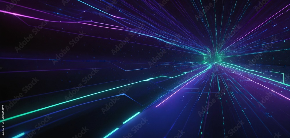 An abstract technology background with flowing, interconnected data streams represented by glowing neon lines and digital nodes