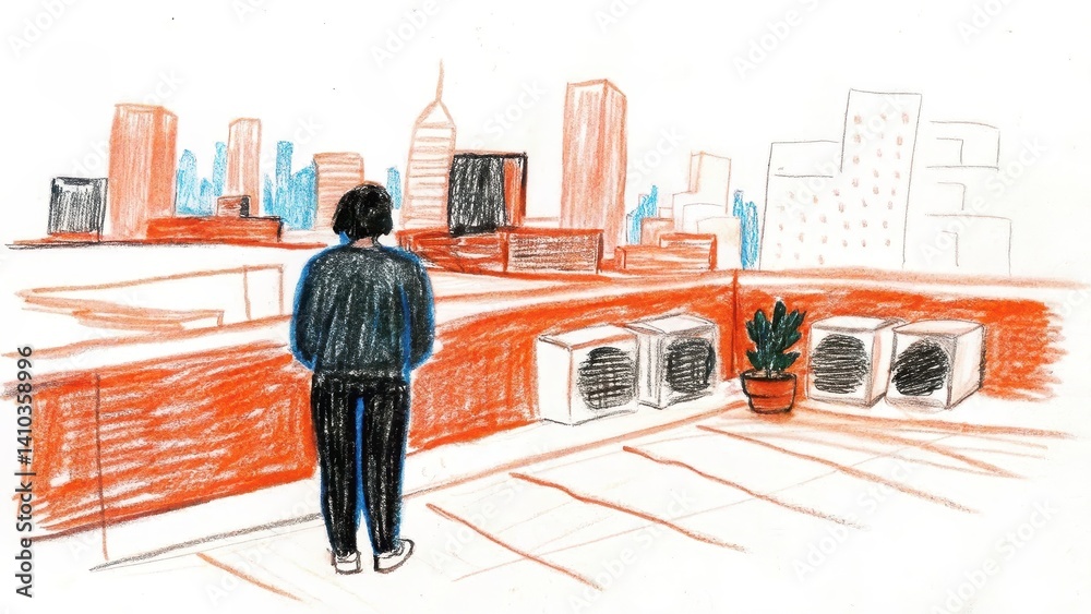 Person gazing at city skyline from rooftop terrace