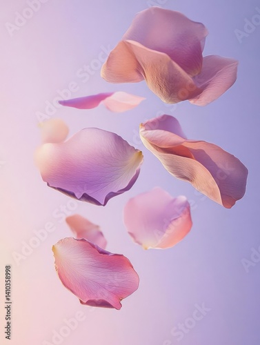 Wallpaper Mural Seven pink rose petals fall against a soft purple-pink gradient background. The petals vary in size and orientation, showcasing delicate texture and light color variations Torontodigital.ca
