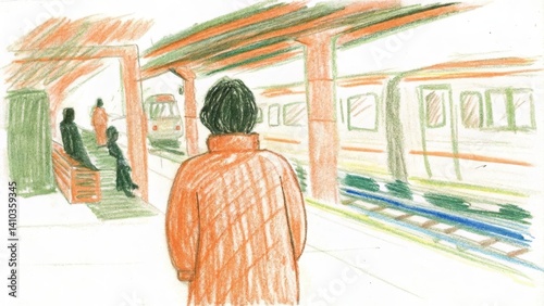 Obraz na płótnie Person waiting at train platform in sketch style w salonie