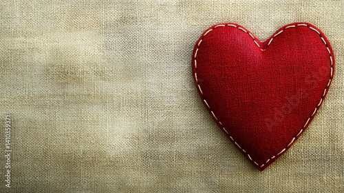 A handcrafted red felt heart rests on a textured beige fabric background providing a lovely romantic image perfect for Valentine's Day cards or love themed designs and projects.