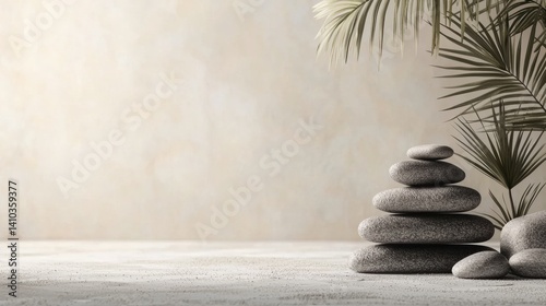 Serene grey stones stacked in perfect balance against a calming beige wall with tranquil palm leaves adding to the peaceful yoga and meditation atmosphere.