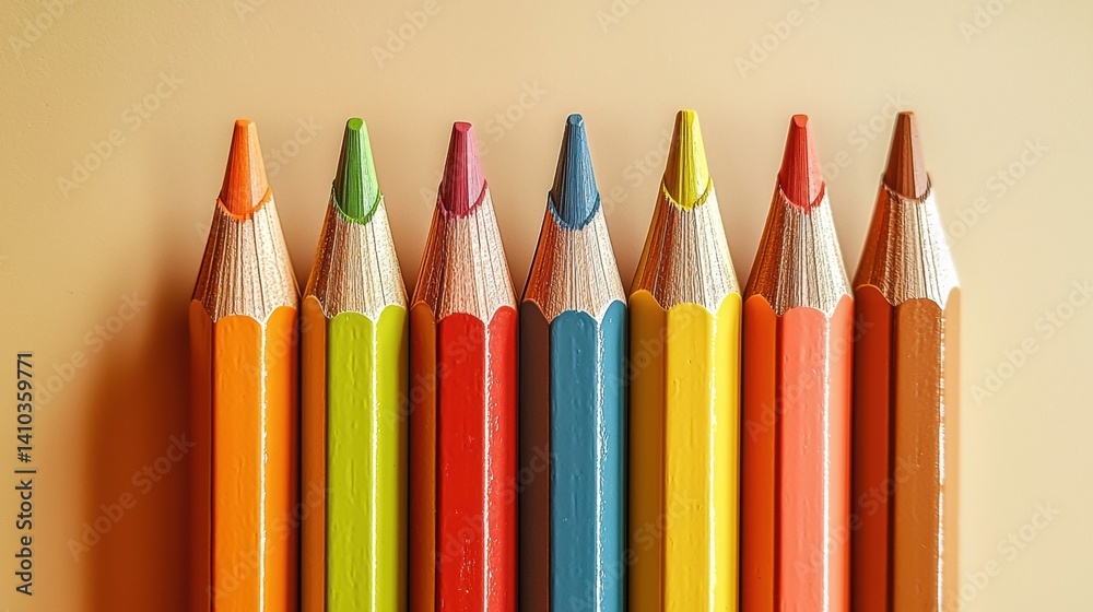 Fototapeta premium A vibrant collection of eight colored pencils arranged neatly in a row against a soft beige background showcasing their ened points and diverse hues perfect for art and design