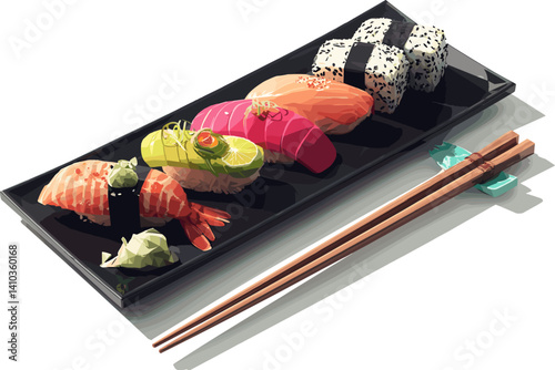 Vector sushi set served on a black tray with chopsticks and wasabi. Colorful mix of nigiri and maki rolls in elegant and minimal composition