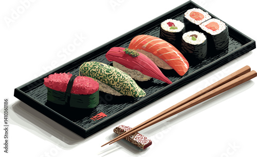 Vector illustration of classic sushi selection on a textured black tray with chopsticks. Includes maki, nigiri, and wasabi with traditional Japanese flair