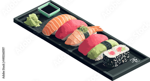 Vector illustration of sushi pieces on a black tray with wasabi and soy sauce. Elegant and colorful Japanese food served in a clean flatlay style