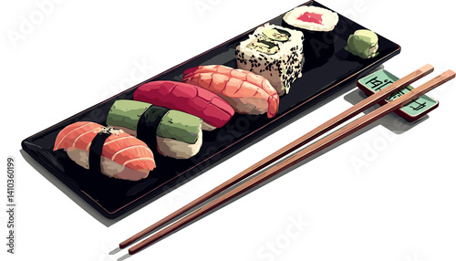 Vector illustration of sushi assortment on a rectangular black plate with chopsticks. Vibrant food art featuring traditional Japanese pieces and dipping sauce
