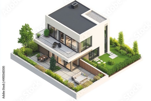 Modern two-story house with patio and garden.  Features open floorplan, balconies, and outdoor living areas