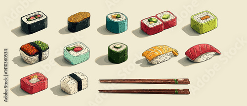 Vector sushi plate with tea cup, chopsticks and soy sauce on soft background. Wholesome scene featuring cute sushi pieces with happy expressions