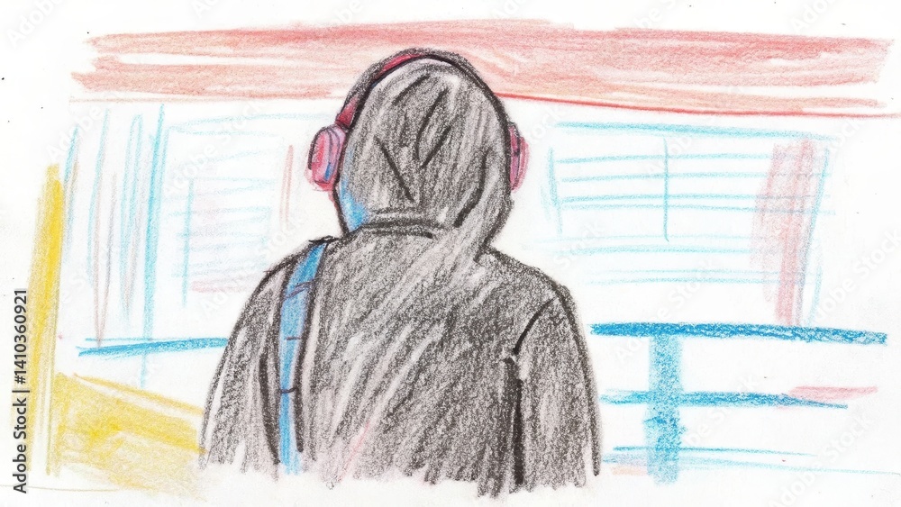 Person listening to music in a hoodie against an abstract background