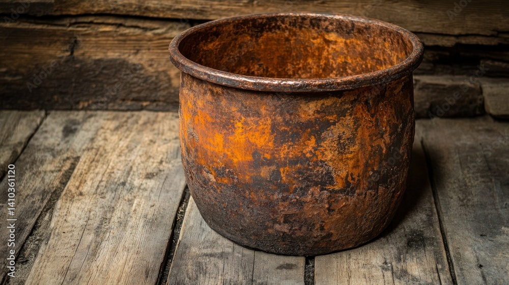 An old weathered metal pot is resting on wooden planks An old weathered metal pot is resting on wooden planks