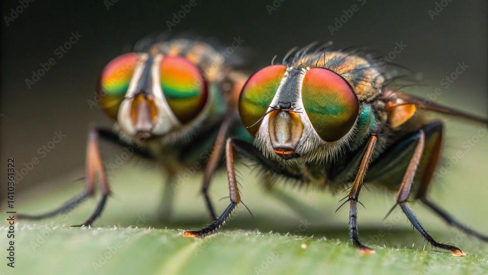 Naklejka premium A detailed macro photograph of two houseflies, one in sharp focus showcasing its iridescent green and orange eyes, resting on a textured green leaf